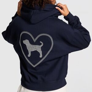 PINK NAVY VICTORIA'S SECRET  IVY CAMPUS DOG FULL-ZIP HOODIE LARGE WITH POCKETS